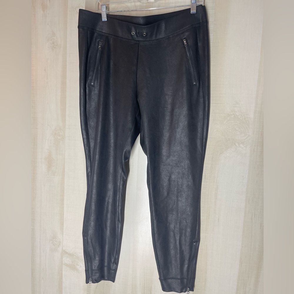 Lane Bryant black faux‎ leather leggings pockets silver zippers, size 14/16